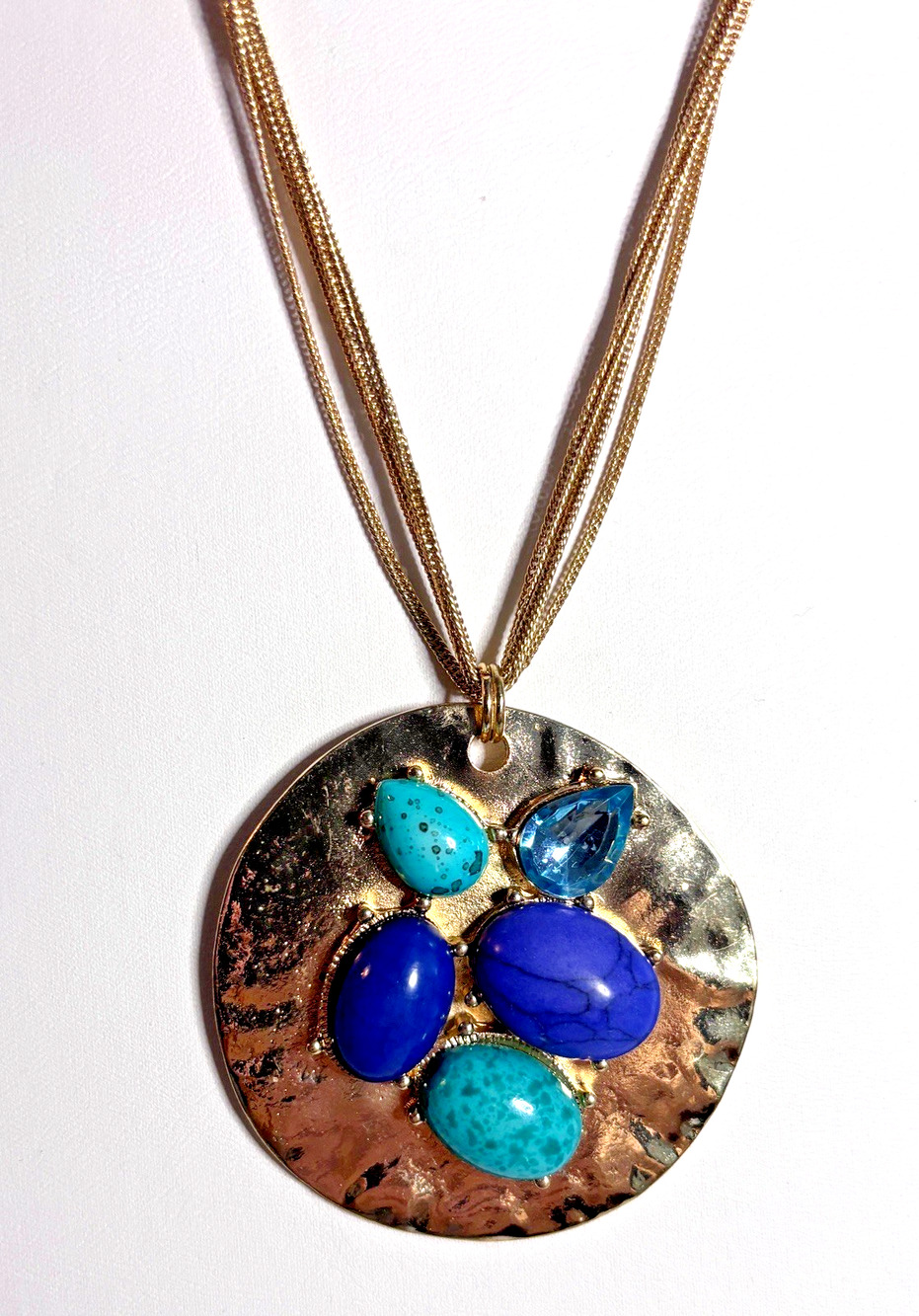 Blue Cabochon Medallion Pendant Rhinestone Five Chain Goldtone Necklace